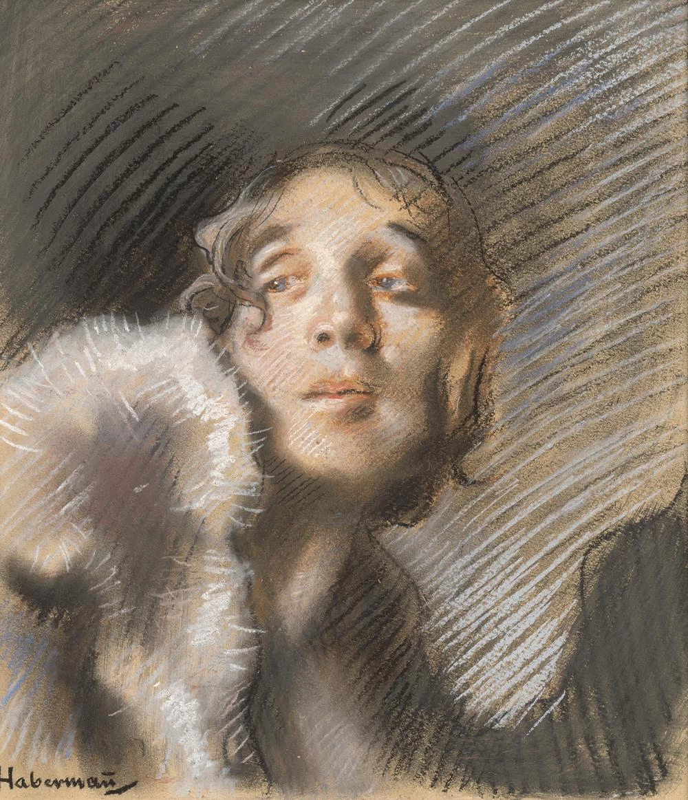 Hugo von Habermann - Ritratto di signora con stola di pelliccia